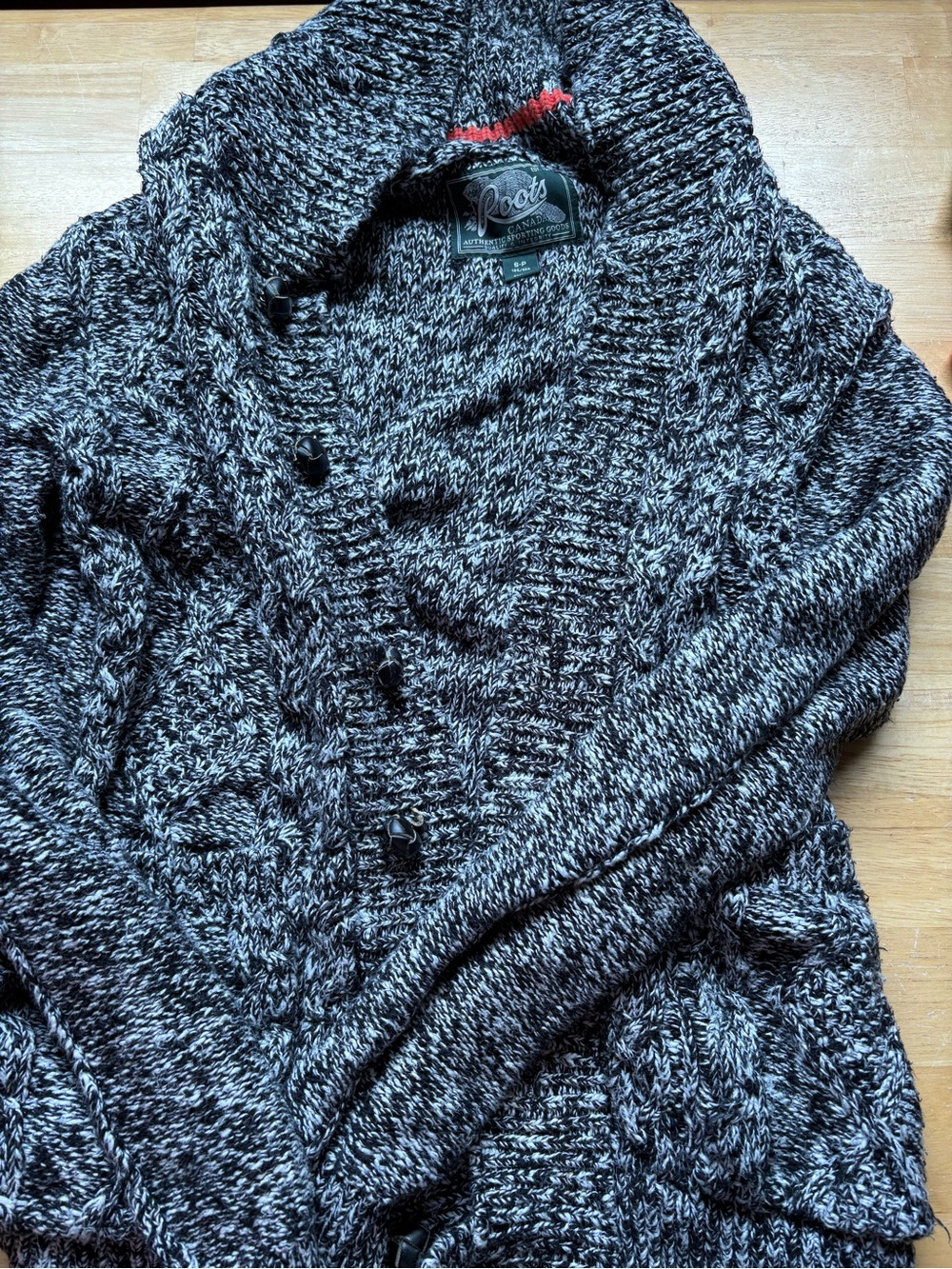 Roots Shawl Collar Black Gray Marled Sweater